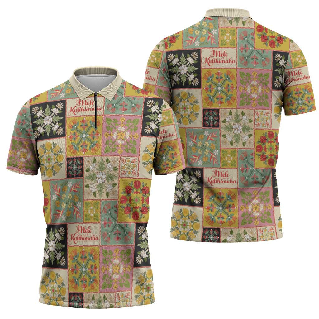 Mele Kalikimaka Hawaii Christmas Zipper Polo Shirt Melemele Mama Seamless Floral Motif - Polynesian Pride