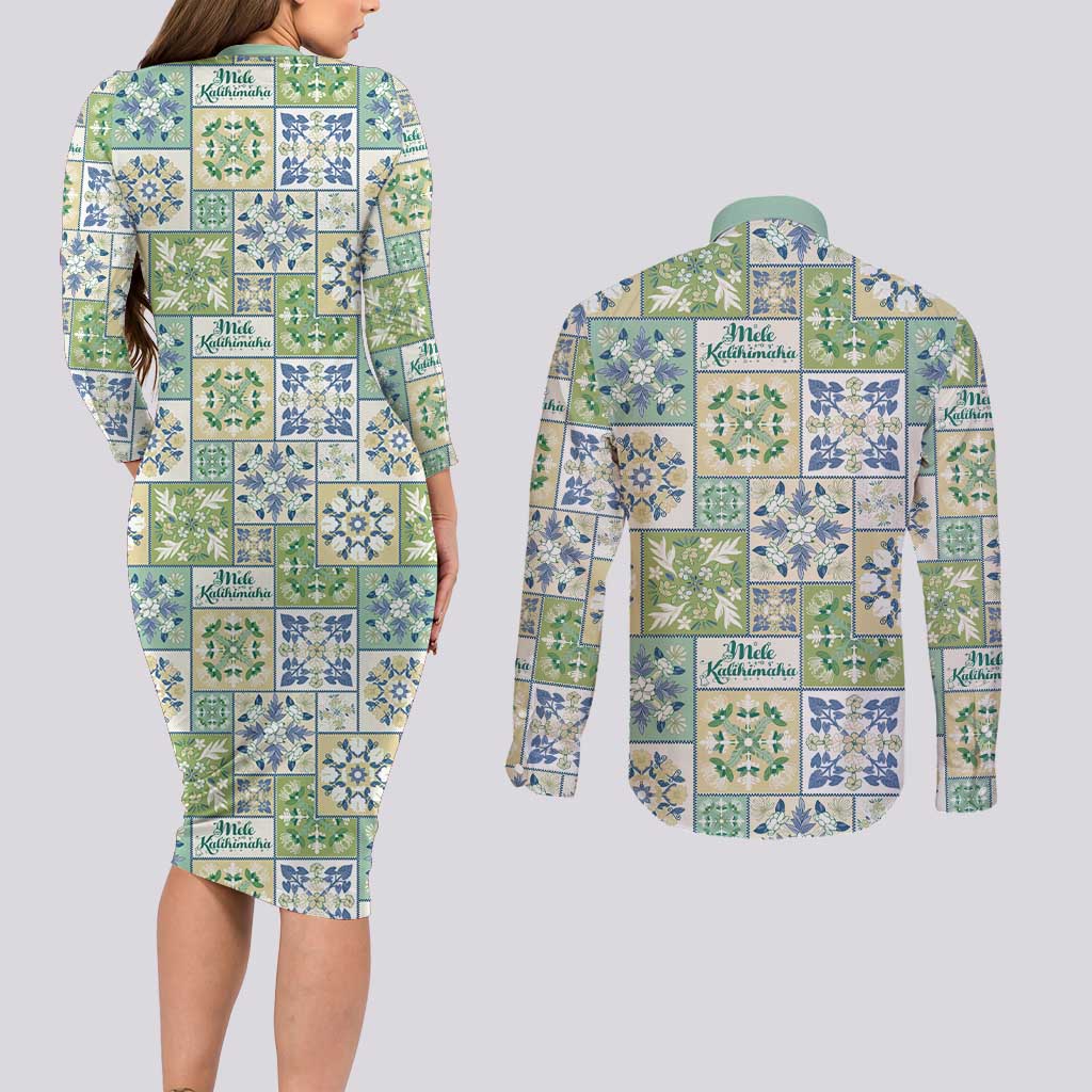 Mele Kalikimaka Hawaii Christmas Couples Matching Long Sleeve Bodycon Dress and Long Sleeve Button Shirt Omaomao Seamless Floral Motif LT9 - Polynesian Pride