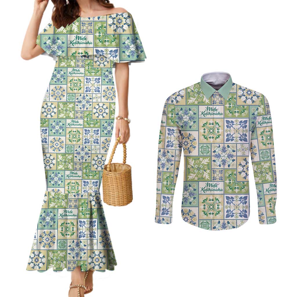 Mele Kalikimaka Hawaii Christmas Couples Matching Mermaid Dress and Long Sleeve Button Shirt Omaomao Seamless Floral Motif LT9 Green - Polynesian Pride