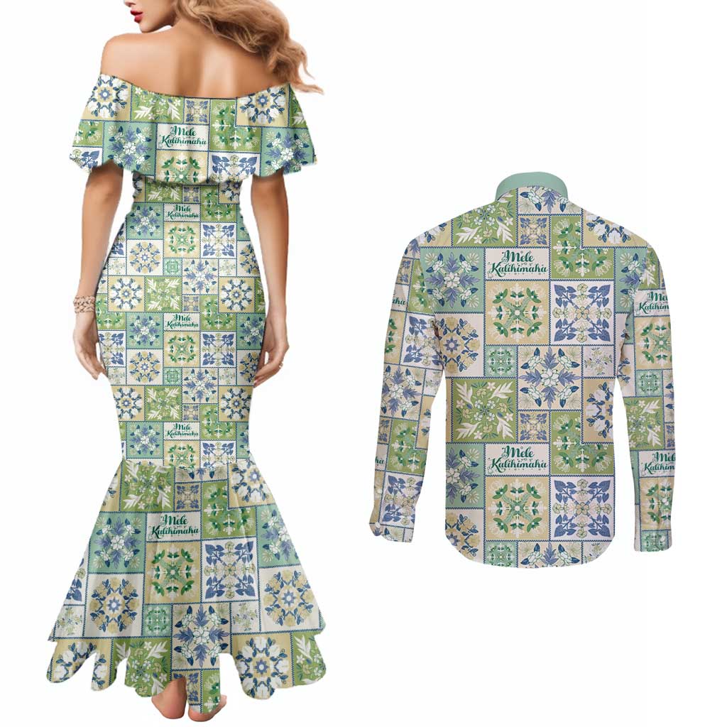 Mele Kalikimaka Hawaii Christmas Couples Matching Mermaid Dress and Long Sleeve Button Shirt Omaomao Seamless Floral Motif LT9 - Polynesian Pride
