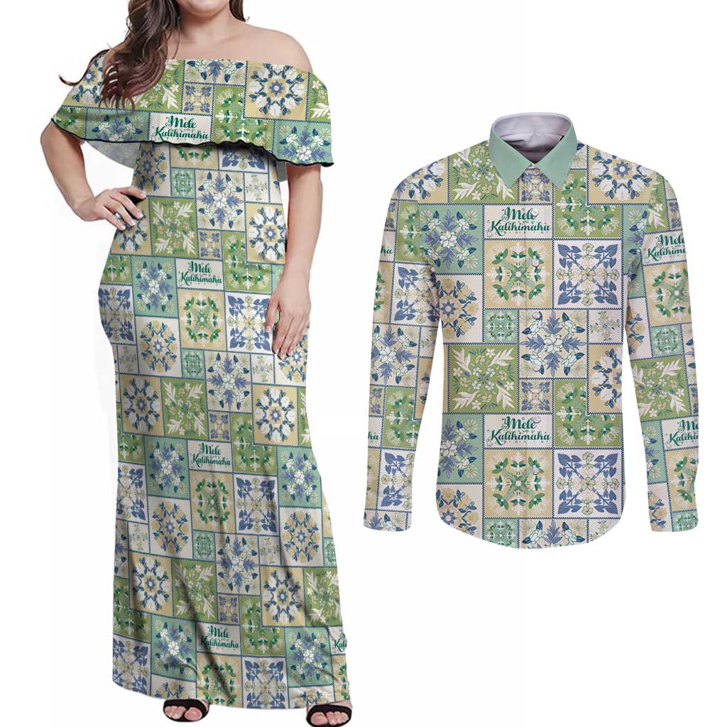 Mele Kalikimaka Hawaii Christmas Couples Matching Off Shoulder Maxi Dress and Long Sleeve Button Shirt Omaomao Seamless Floral Motif LT9 Green - Polynesian Pride