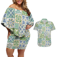Mele Kalikimaka Hawaii Christmas Couples Matching Off Shoulder Short Dress and Hawaiian Shirt Omaomao Seamless Floral Motif LT9 Green - Polynesian Pride