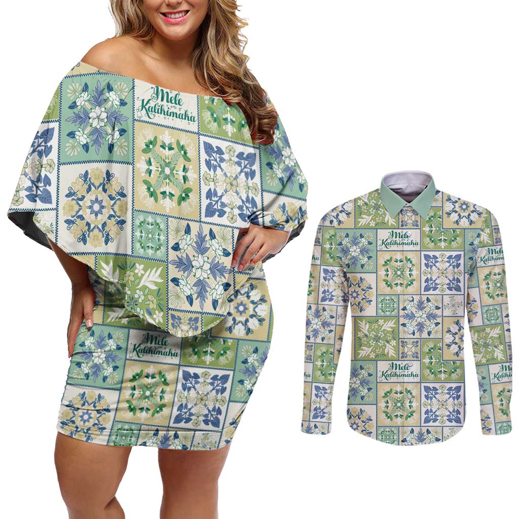 Mele Kalikimaka Hawaii Christmas Couples Matching Off Shoulder Short Dress and Long Sleeve Button Shirt Omaomao Seamless Floral Motif LT9 Green - Polynesian Pride