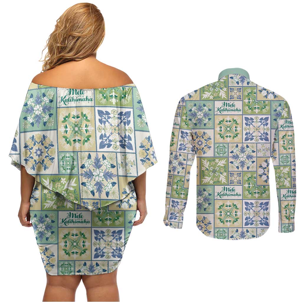 Mele Kalikimaka Hawaii Christmas Couples Matching Off Shoulder Short Dress and Long Sleeve Button Shirt Omaomao Seamless Floral Motif LT9 - Polynesian Pride