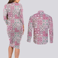 Mele Kalikimaka Hawaii Christmas Couples Matching Long Sleeve Bodycon Dress and Long Sleeve Button Shirt Akala Seamless Floral Motif LT9 - Polynesian Pride