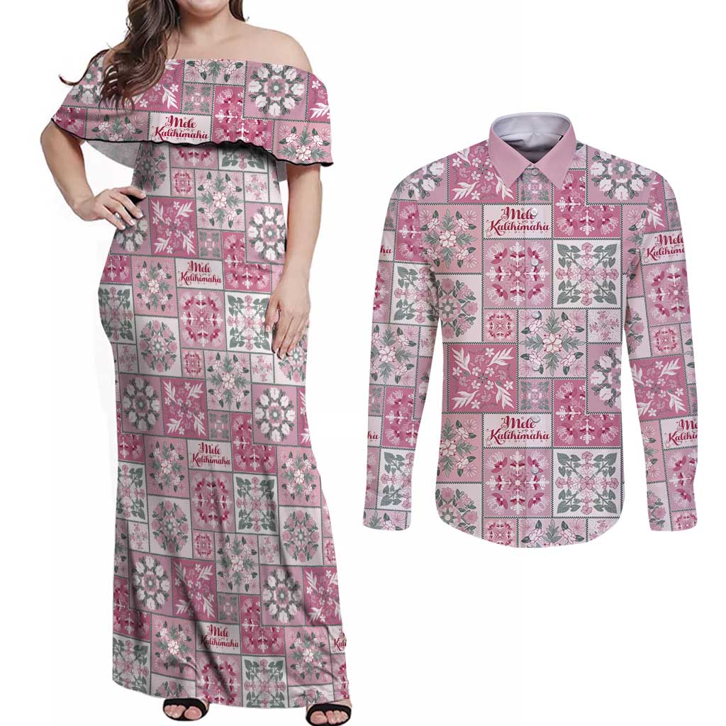 Mele Kalikimaka Hawaii Christmas Couples Matching Off Shoulder Maxi Dress and Long Sleeve Button Shirt Akala Seamless Floral Motif LT9 Pink - Polynesian Pride