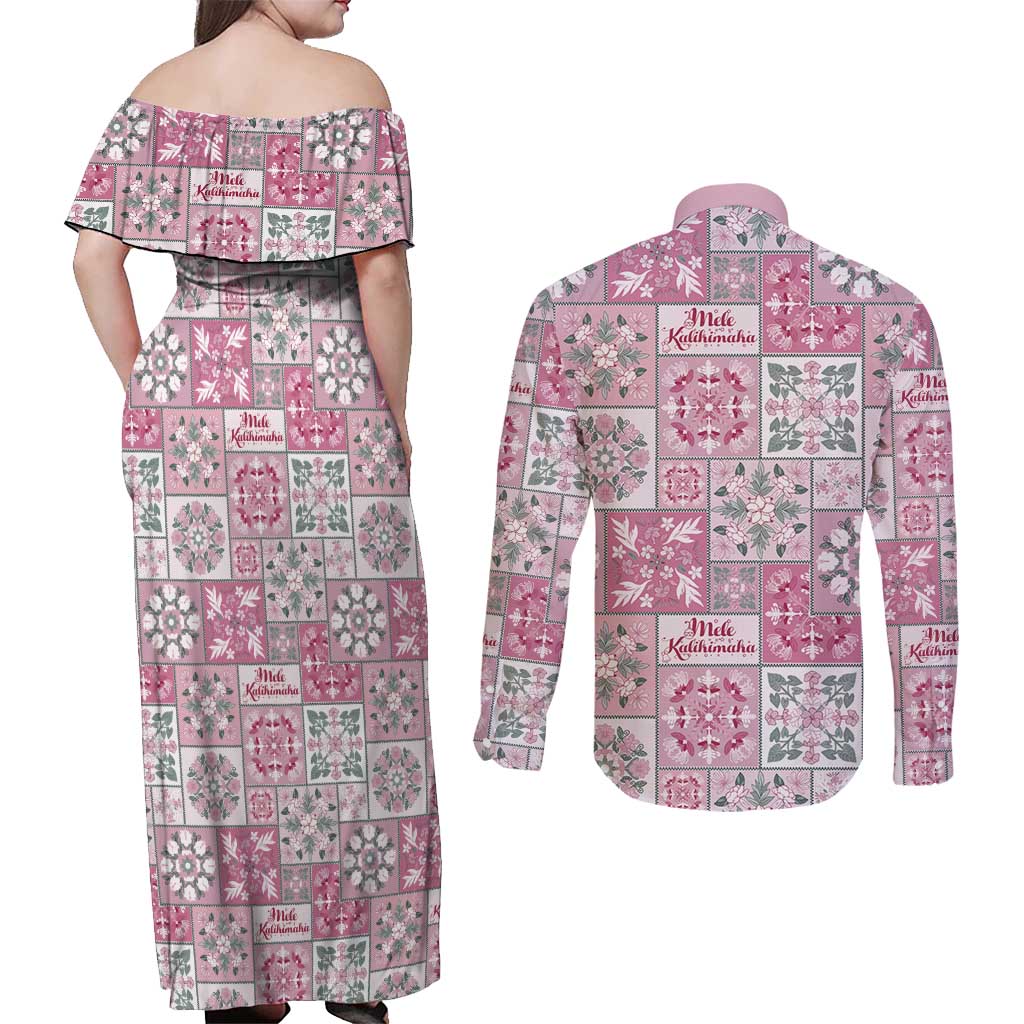 Mele Kalikimaka Hawaii Christmas Couples Matching Off Shoulder Maxi Dress and Long Sleeve Button Shirt Akala Seamless Floral Motif LT9 - Polynesian Pride