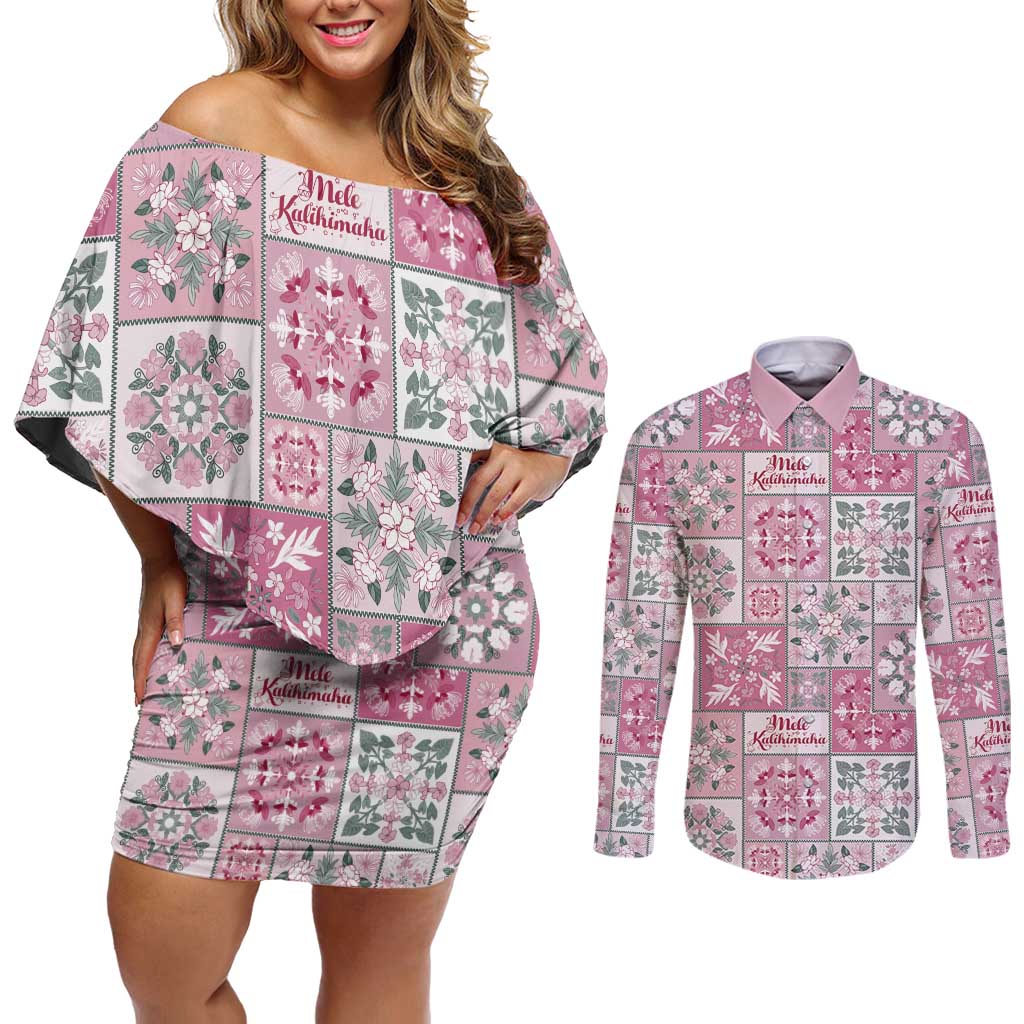 Mele Kalikimaka Hawaii Christmas Couples Matching Off Shoulder Short Dress and Long Sleeve Button Shirt Akala Seamless Floral Motif LT9 Pink - Polynesian Pride