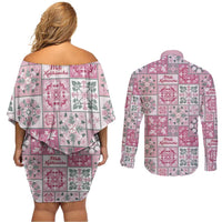 Mele Kalikimaka Hawaii Christmas Couples Matching Off Shoulder Short Dress and Long Sleeve Button Shirt Akala Seamless Floral Motif LT9 - Polynesian Pride