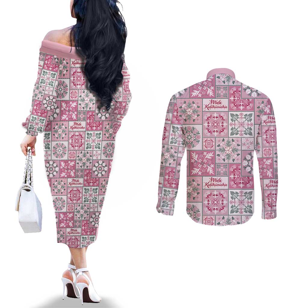 Mele Kalikimaka Hawaii Christmas Couples Matching Off The Shoulder Long Sleeve Dress and Long Sleeve Button Shirt Akala Seamless Floral Motif LT9 - Polynesian Pride