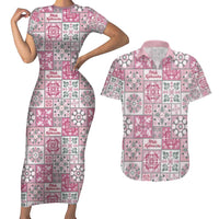 Mele Kalikimaka Hawaii Christmas Couples Matching Short Sleeve Bodycon Dress and Hawaiian Shirt Akala Seamless Floral Motif LT9 Pink - Polynesian Pride