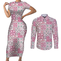 Mele Kalikimaka Hawaii Christmas Couples Matching Short Sleeve Bodycon Dress and Long Sleeve Button Shirt Akala Seamless Floral Motif LT9 Pink - Polynesian Pride