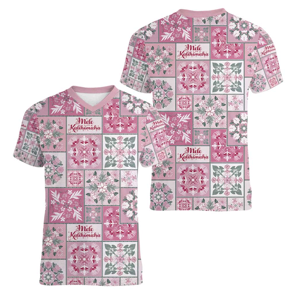 Mele Kalikimaka Hawaii Christmas Women V-Neck T-Shirt Akala Seamless Floral Motif - Polynesian Pride