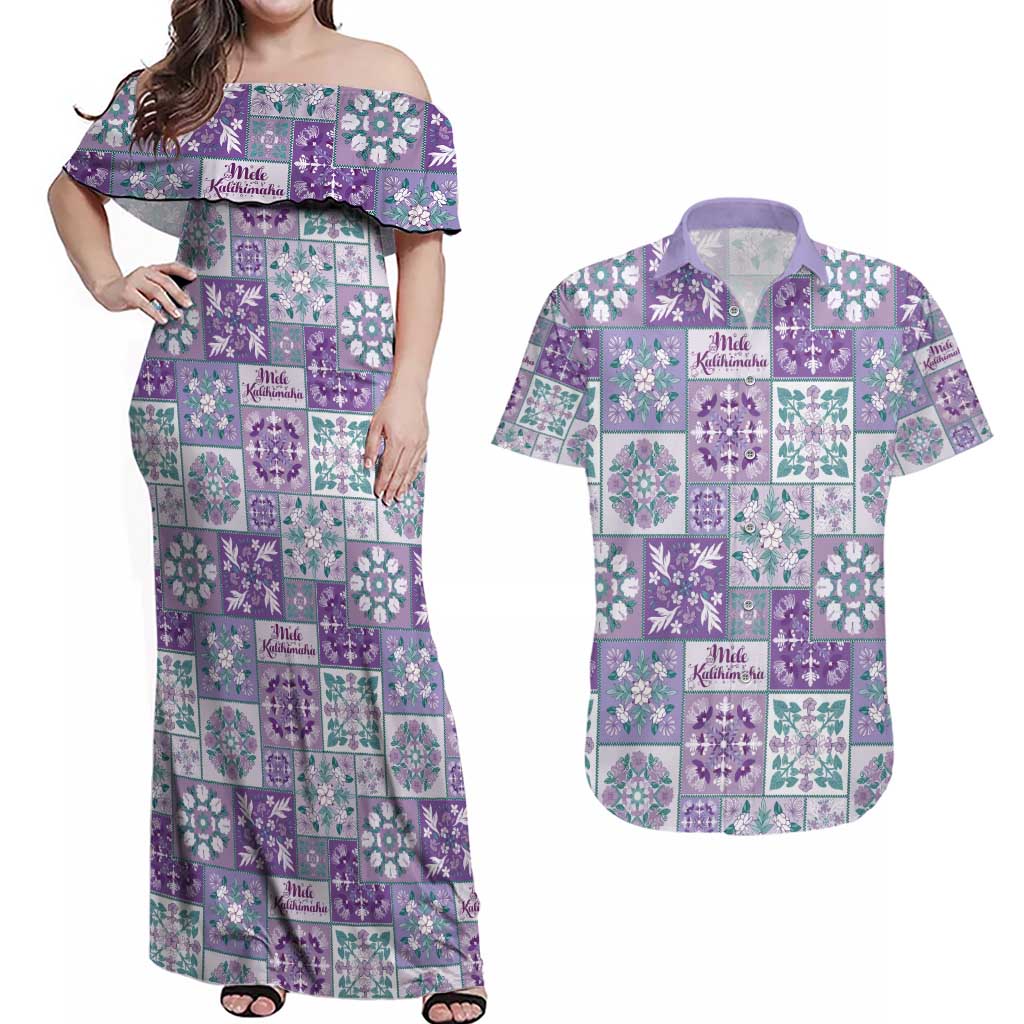 Mele Kalikimaka Hawaii Christmas Couples Matching Off Shoulder Maxi Dress and Hawaiian Shirt Poni Seamless Floral Motif LT9 Purple - Polynesian Pride