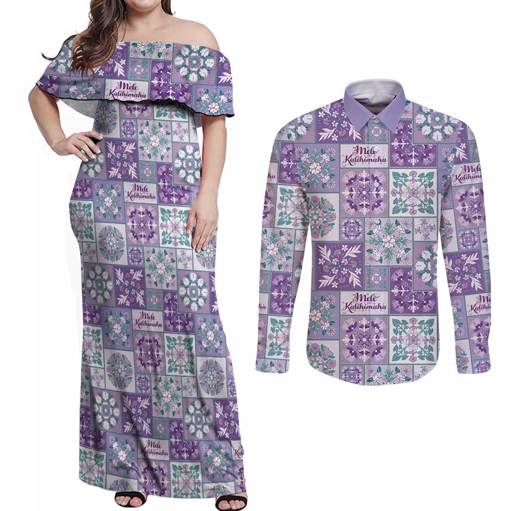 Mele Kalikimaka Hawaii Christmas Couples Matching Off Shoulder Maxi Dress and Long Sleeve Button Shirt Poni Seamless Floral Motif LT9 Purple - Polynesian Pride