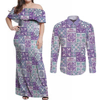 Mele Kalikimaka Hawaii Christmas Couples Matching Off Shoulder Maxi Dress and Long Sleeve Button Shirt Poni Seamless Floral Motif LT9 Purple - Polynesian Pride