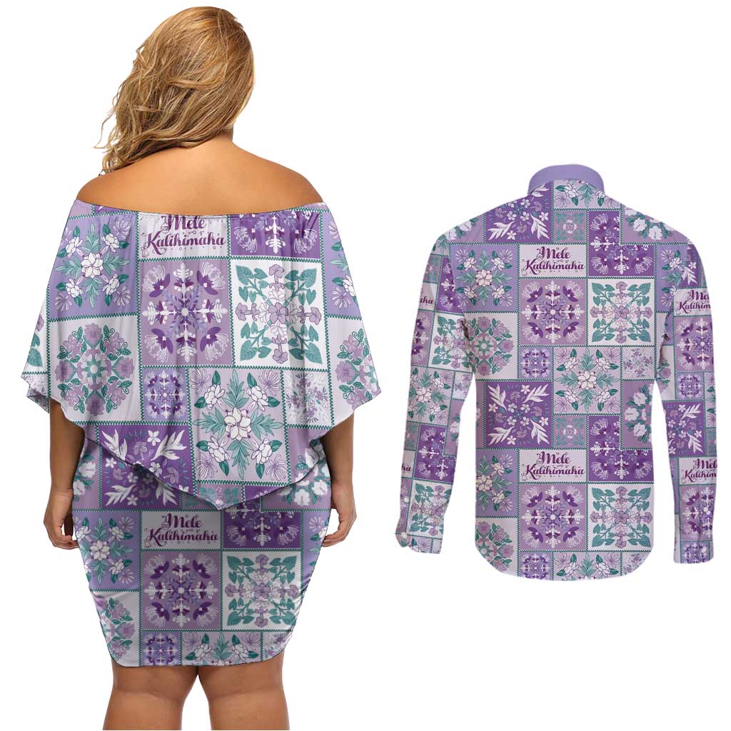 Mele Kalikimaka Hawaii Christmas Couples Matching Off Shoulder Short Dress and Long Sleeve Button Shirt Poni Seamless Floral Motif LT9 - Polynesian Pride