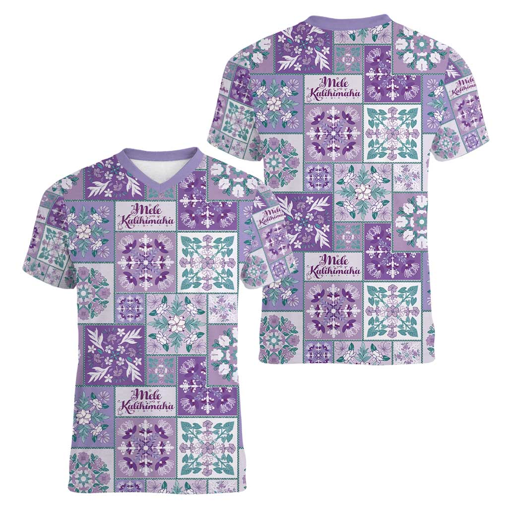 Mele Kalikimaka Hawaii Christmas Women V-Neck T-Shirt Poni Seamless Floral Motif - Polynesian Pride