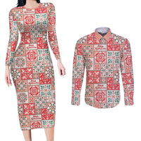 Mele Kalikimaka Hawaii Christmas Couples Matching Long Sleeve Bodycon Dress and Long Sleeve Button Shirt Ulaula Seamless Floral Motif LT9 Red - Polynesian Pride