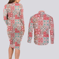 Mele Kalikimaka Hawaii Christmas Couples Matching Long Sleeve Bodycon Dress and Long Sleeve Button Shirt Ulaula Seamless Floral Motif LT9 - Polynesian Pride