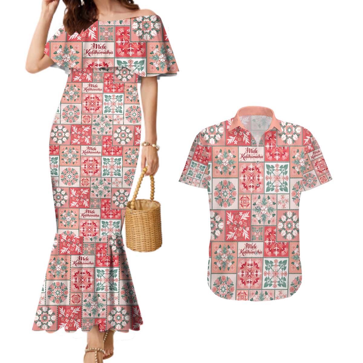 Mele Kalikimaka Hawaii Christmas Couples Matching Mermaid Dress and Hawaiian Shirt Ulaula Seamless Floral Motif LT9 Red - Polynesian Pride