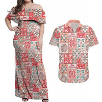 Mele Kalikimaka Hawaii Christmas Couples Matching Off Shoulder Maxi Dress and Hawaiian Shirt Ulaula Seamless Floral Motif LT9 Red - Polynesian Pride