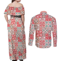 Mele Kalikimaka Hawaii Christmas Couples Matching Off Shoulder Maxi Dress and Long Sleeve Button Shirt Ulaula Seamless Floral Motif LT9 - Polynesian Pride
