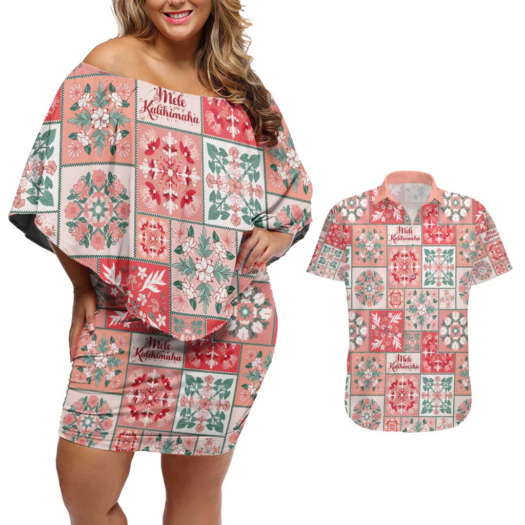 Mele Kalikimaka Hawaii Christmas Couples Matching Off Shoulder Short Dress and Hawaiian Shirt Ulaula Seamless Floral Motif LT9 Red - Polynesian Pride