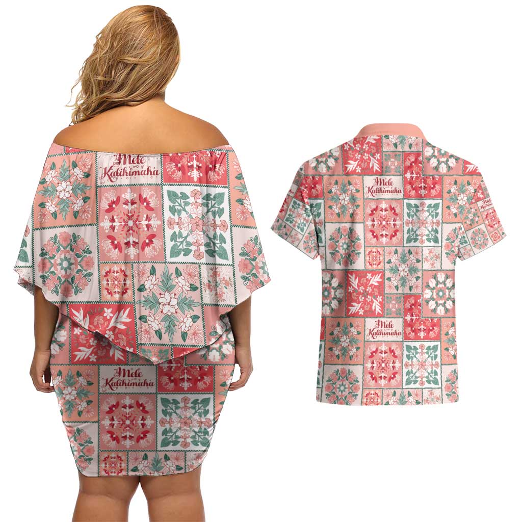 Mele Kalikimaka Hawaii Christmas Couples Matching Off Shoulder Short Dress and Hawaiian Shirt Ulaula Seamless Floral Motif LT9 - Polynesian Pride