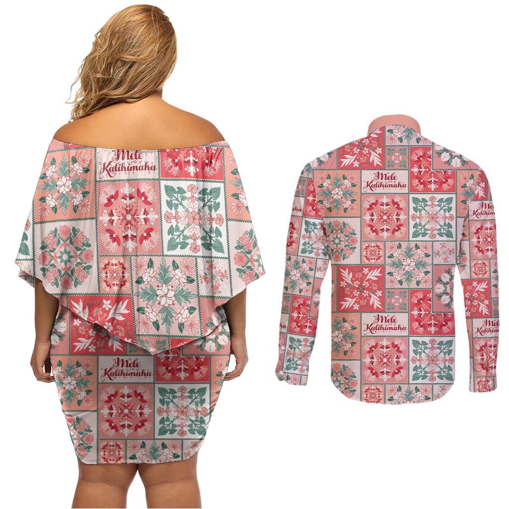 Mele Kalikimaka Hawaii Christmas Couples Matching Off Shoulder Short Dress and Long Sleeve Button Shirt Ulaula Seamless Floral Motif LT9 - Polynesian Pride
