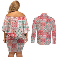 Mele Kalikimaka Hawaii Christmas Couples Matching Off Shoulder Short Dress and Long Sleeve Button Shirt Ulaula Seamless Floral Motif LT9 - Polynesian Pride