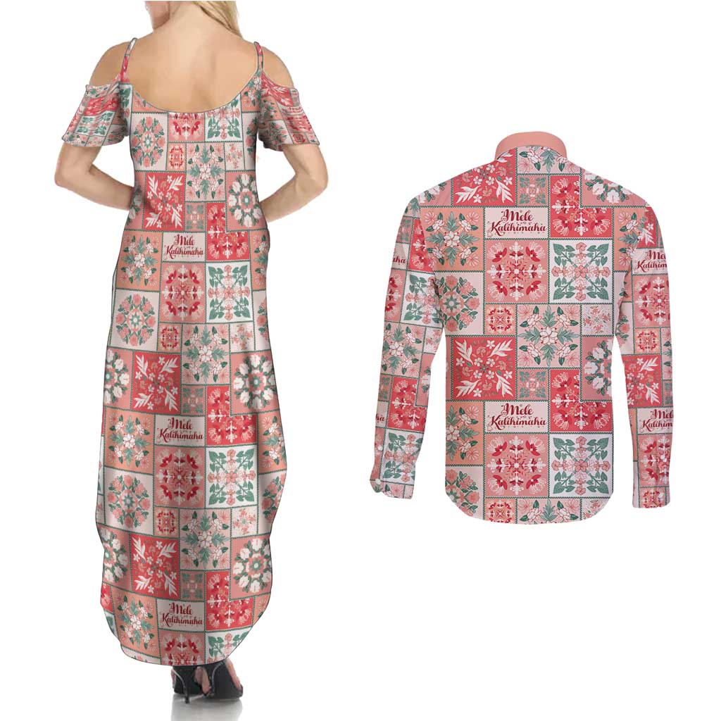 Mele Kalikimaka Hawaii Christmas Couples Matching Summer Maxi Dress and Long Sleeve Button Shirt Ulaula Seamless Floral Motif LT9 - Polynesian Pride