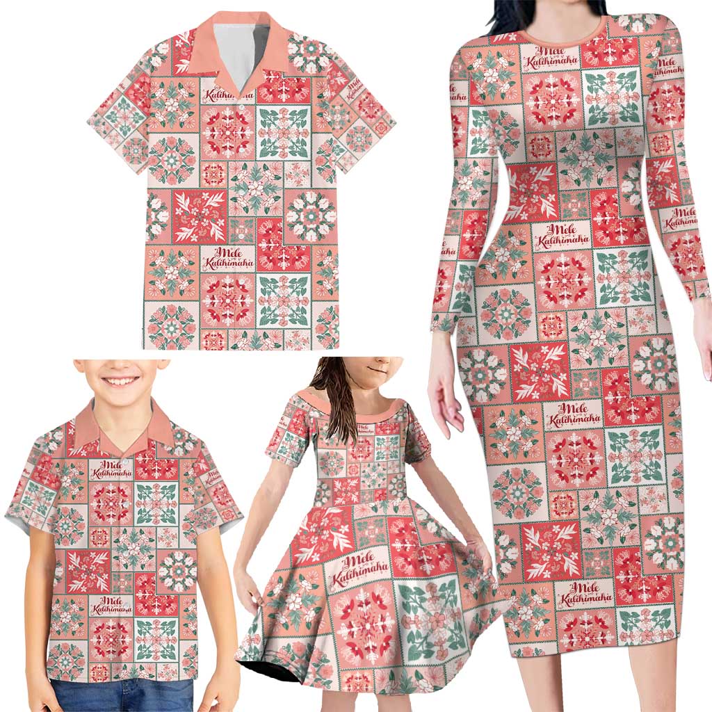 Mele Kalikimaka Hawaii Christmas Family Matching Long Sleeve Bodycon Dress and Hawaiian Shirt Ulaula Seamless Floral Motif - Polynesian Pride