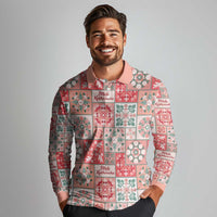 Mele Kalikimaka Hawaii Christmas Long Sleeve Polo Shirt Ulaula Seamless Floral Motif - Polynesian Pride