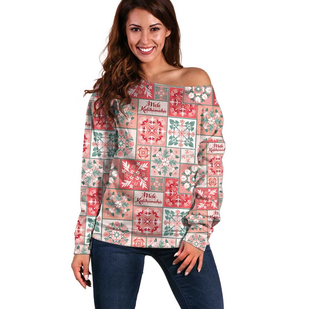Mele Kalikimaka Hawaii Christmas Off Shoulder Sweater Ulaula Seamless Floral Motif - Polynesian Pride