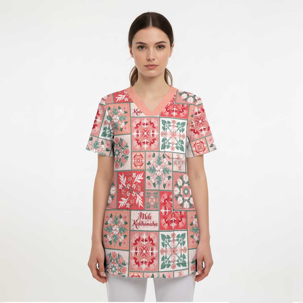 Mele Kalikimaka Hawaii Christmas Scrub Top Ulaula Seamless Floral Motif - Polynesian Pride