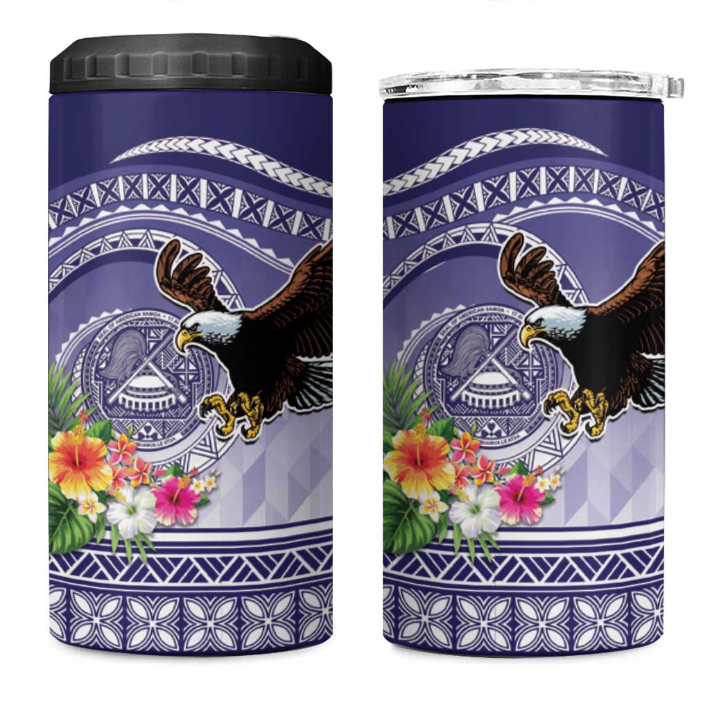 American Samoa Bald Eagle 4 in 1 Can Cooler Tumbler Polynesian Tropical Flowers