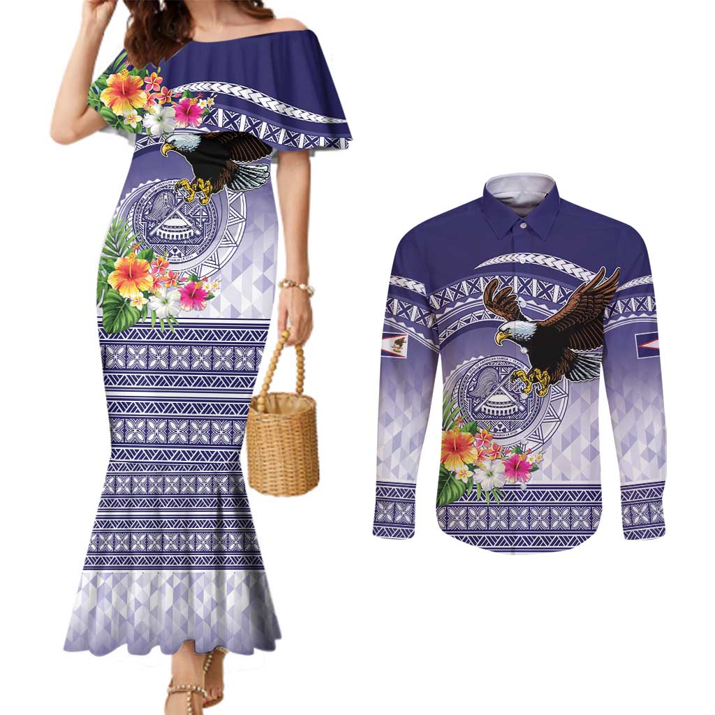 American Samoa Bald Eagle Couples Matching Mermaid Dress and Long Sleeve Button Shirt Polynesian Tropical Flowers