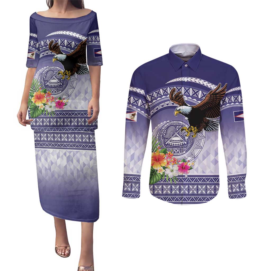 American Samoa Bald Eagle Couples Matching Puletasi and Long Sleeve Button Shirt Polynesian Tropical Flowers