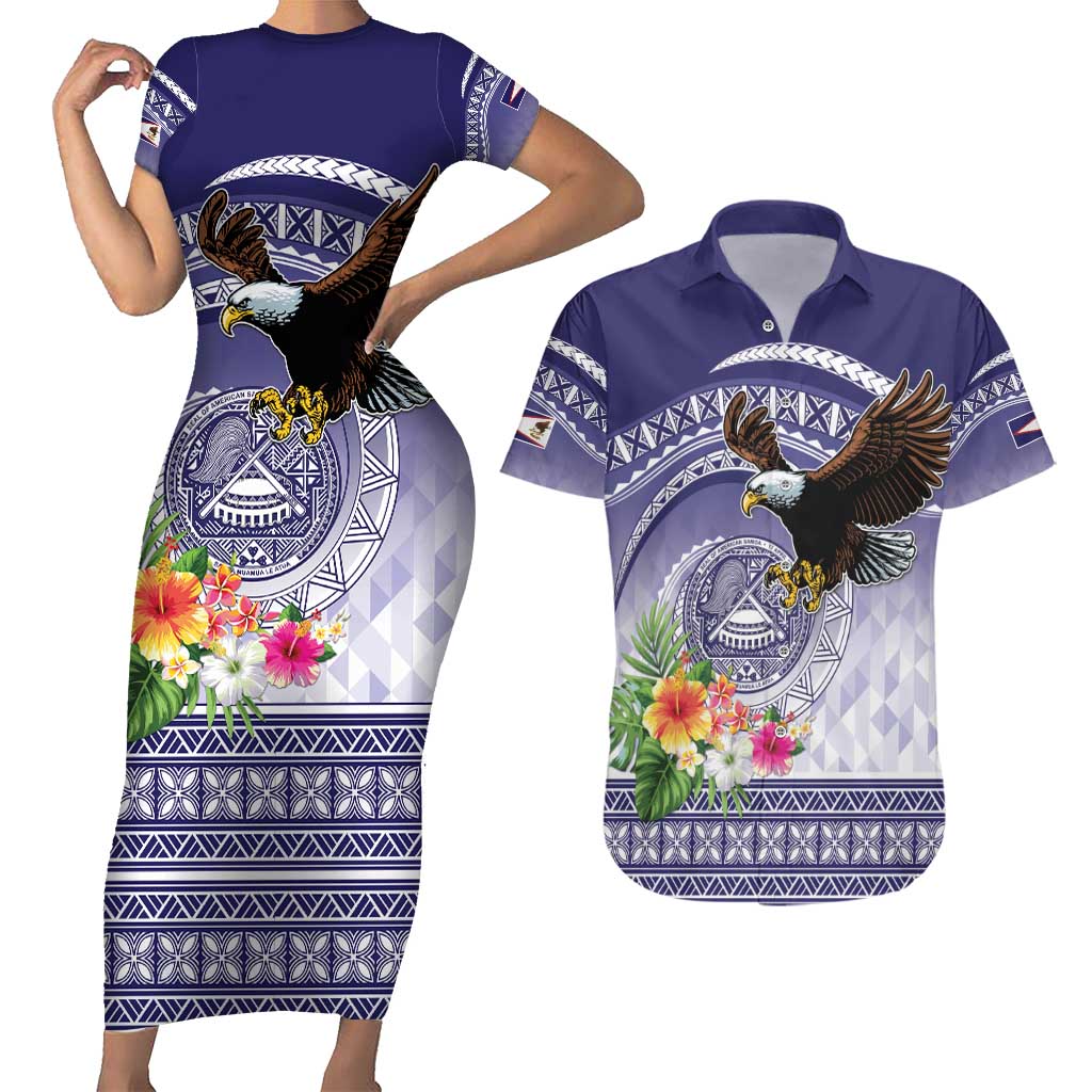 American Samoa Bald Eagle Couples Matching Short Sleeve Bodycon Dress and Hawaiian Shirt Polynesian Tropical Flowers