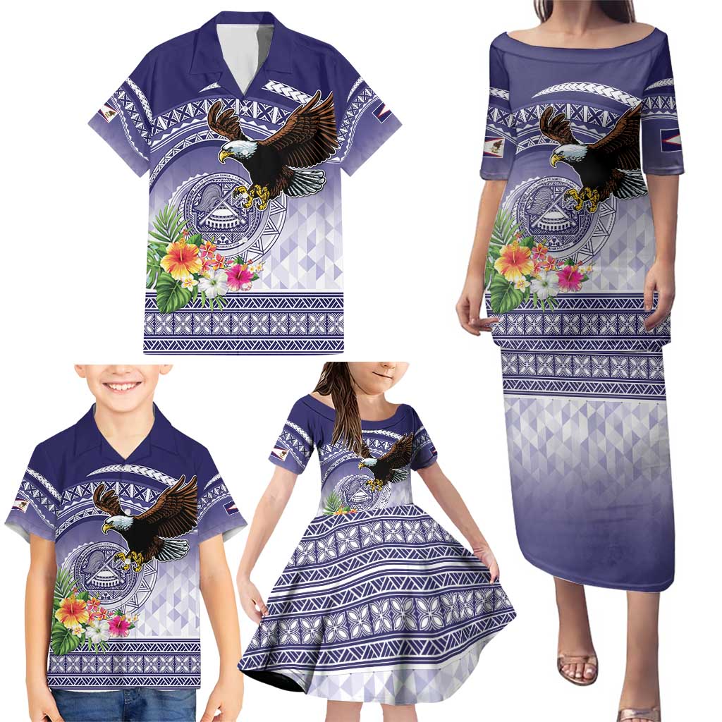 American Samoa Bald Eagle Family Matching Puletasi and Hawaiian Shirt Polynesian Tropical Flowers