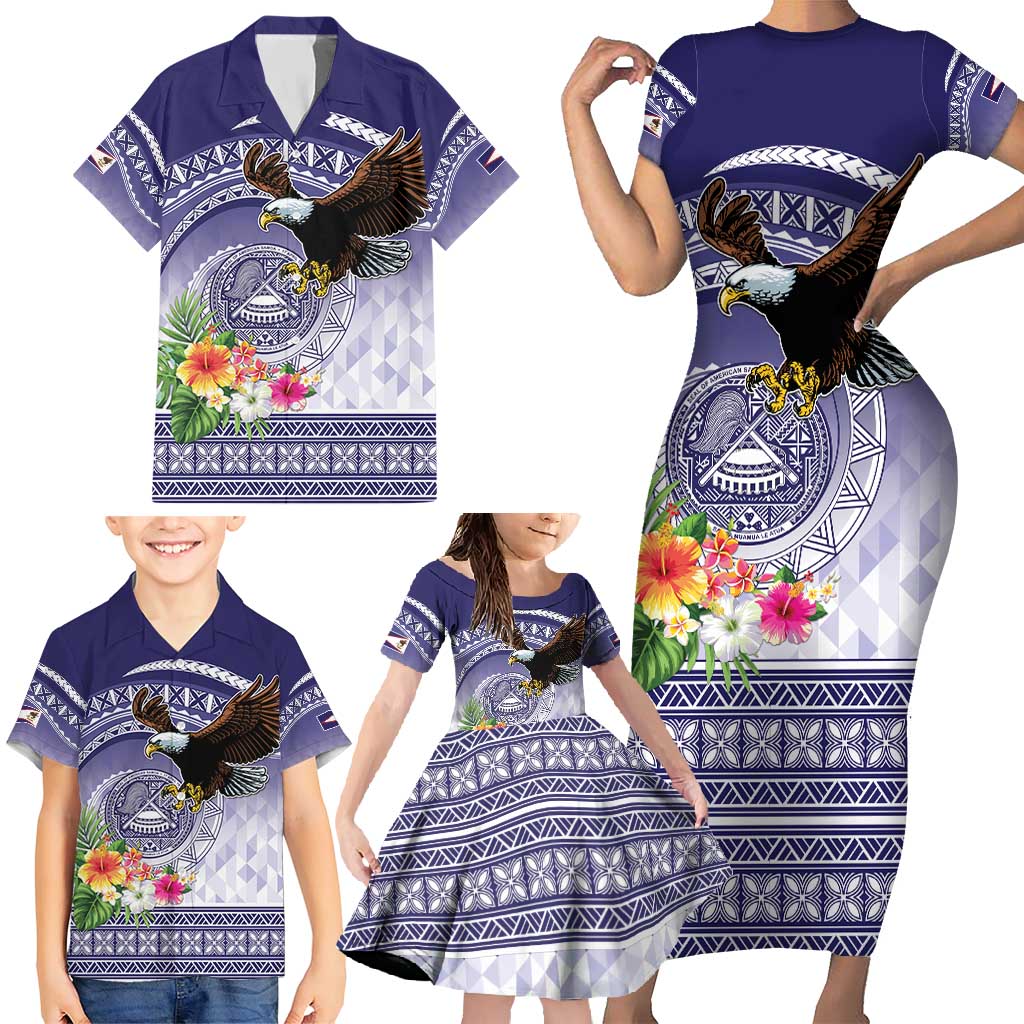 American Samoa Bald Eagle Family Matching Short Sleeve Bodycon Dress and Hawaiian Shirt Polynesian Tropical Flowers