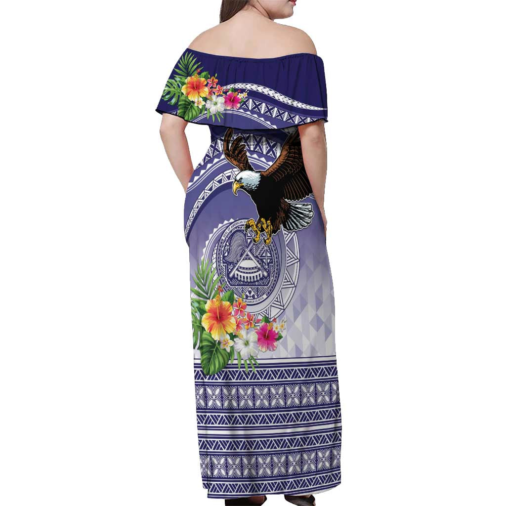 American Samoa Bald Eagle Off Shoulder Maxi Dress Polynesian Tropical Flowers