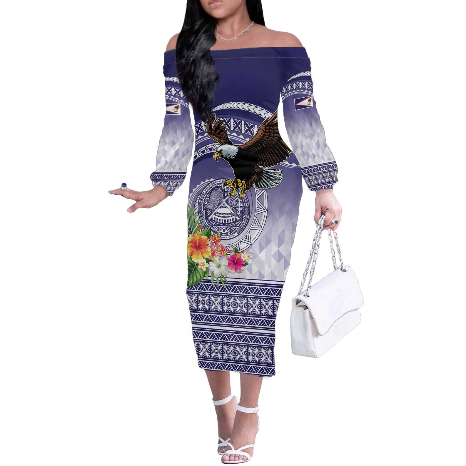 American Samoa Bald Eagle Off The Shoulder Long Sleeve Dress Polynesian Tropical Flowers