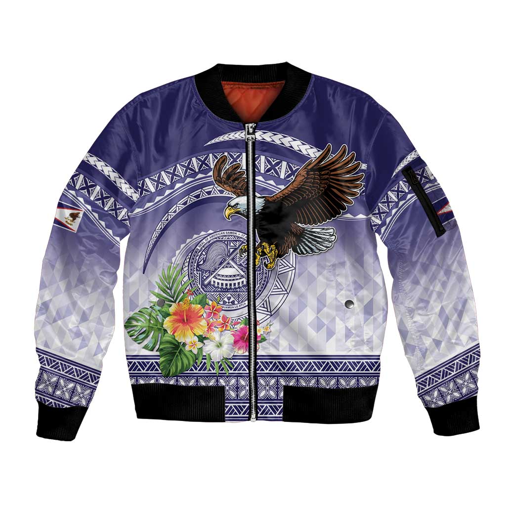 American Samoa Bald Eagle Sleeve Zip Bomber Jacket Polynesian Tropical Flowers LT9 Unisex Blue - Polynesian Pride