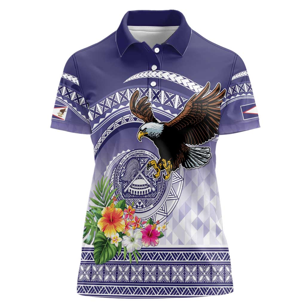 American Samoa Bald Eagle Women Polo Shirt Polynesian Tropical Flowers