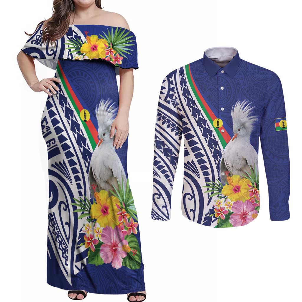 New Caledonia Kagu Bird Couples Matching Off Shoulder Maxi Dress and Long Sleeve Button Shirt Polynesian Tropical Flowers