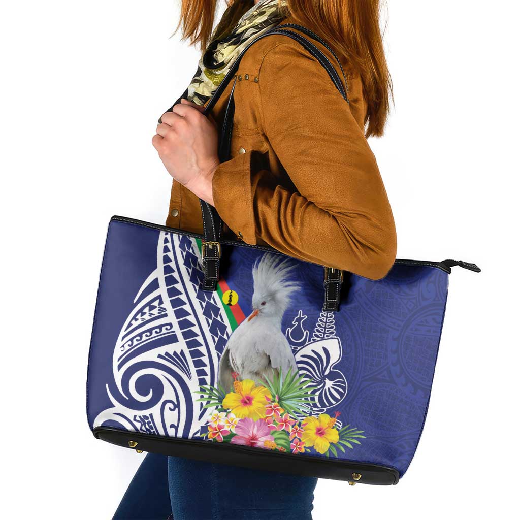 New Caledonia Kagu Bird Leather Tote Bag Polynesian Tropical Flowers