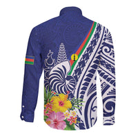 New Caledonia Kagu Bird Long Sleeve Button Shirt Polynesian Tropical Flowers