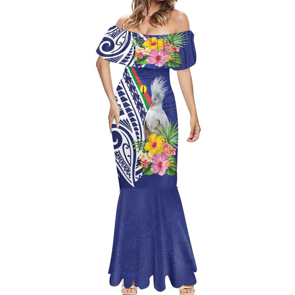 New Caledonia Kagu Bird Mermaid Dress Polynesian Tropical Flowers